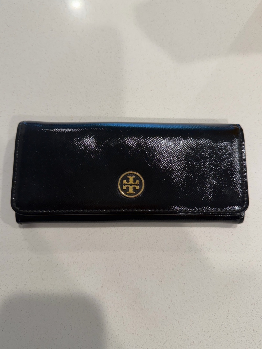Tory Burch Black Patent Leather Continental Wallet with Gold Logo